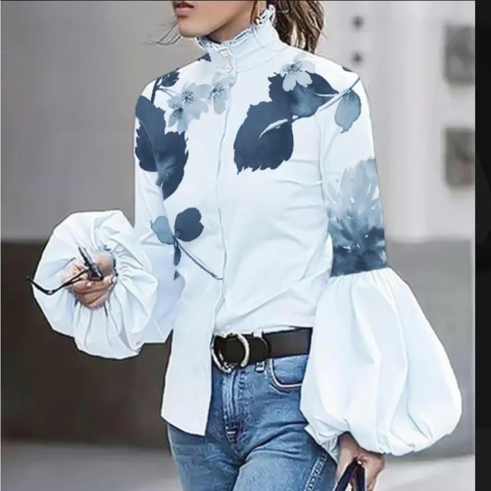 Floral Puff Sleeve Blouse - White and Blue - Picture 1 of 1